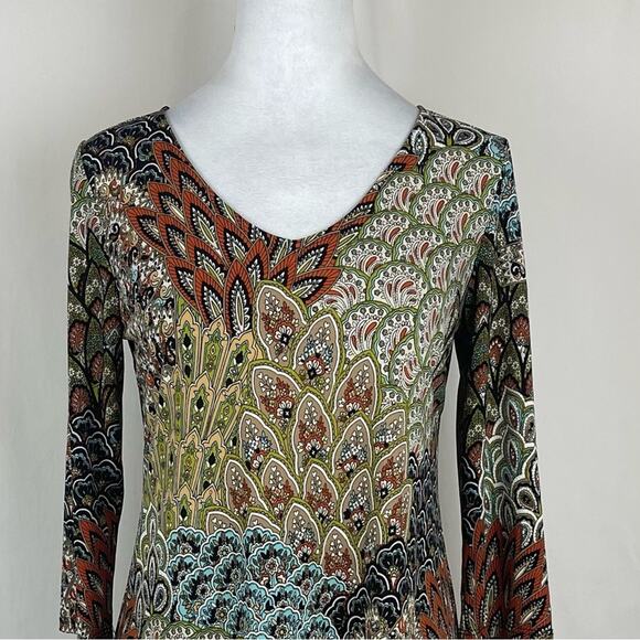 MSK Brown Orange Tan Peacock Print Boho Hippie Festival Dress NWOT Size M - Picture 3 of 13